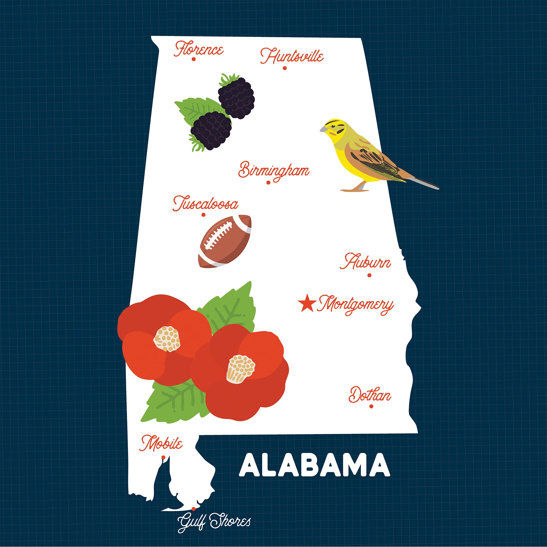 Map of Alabama with various icons and text on a blue background