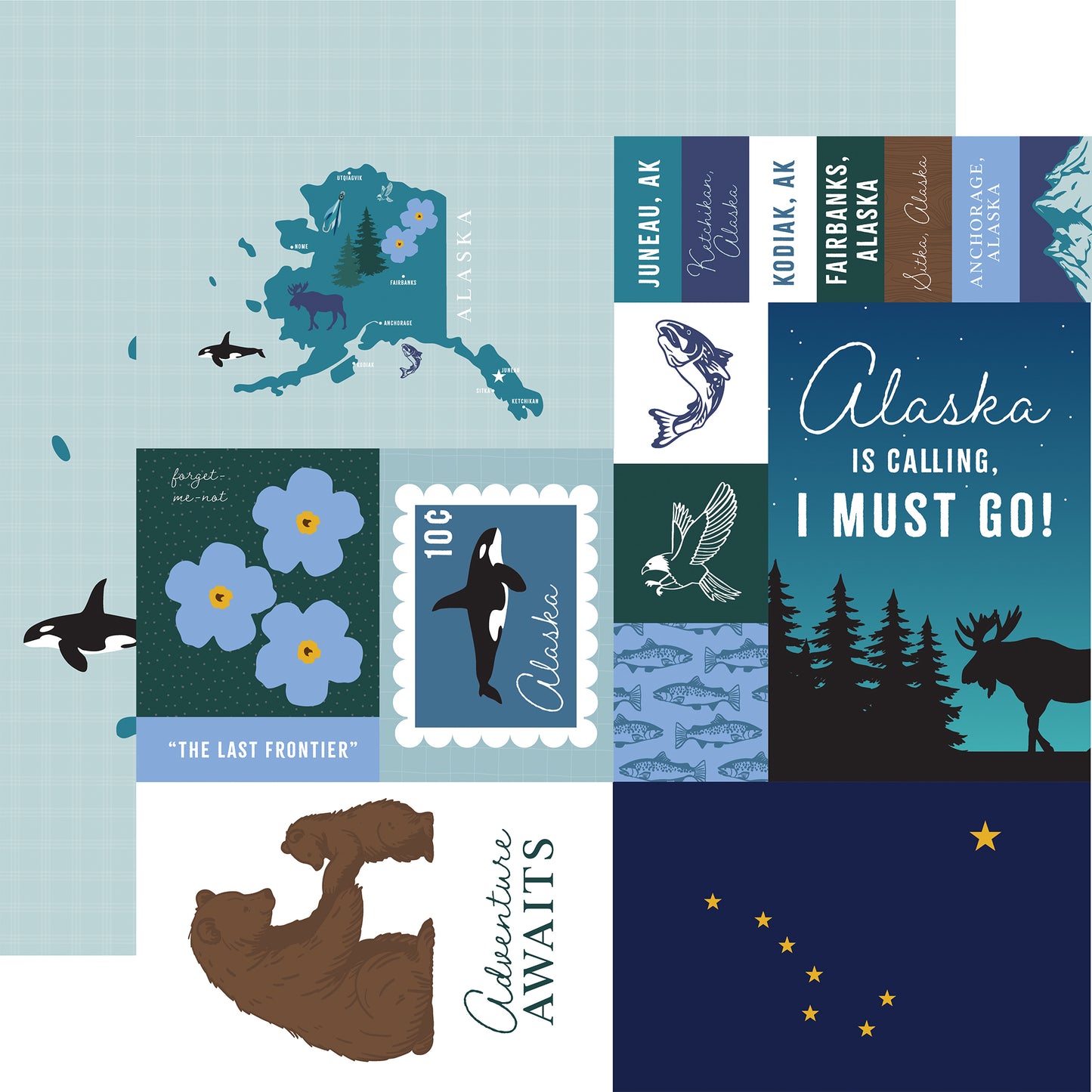Alaska-themed collage with nature elements and text on a light blue background