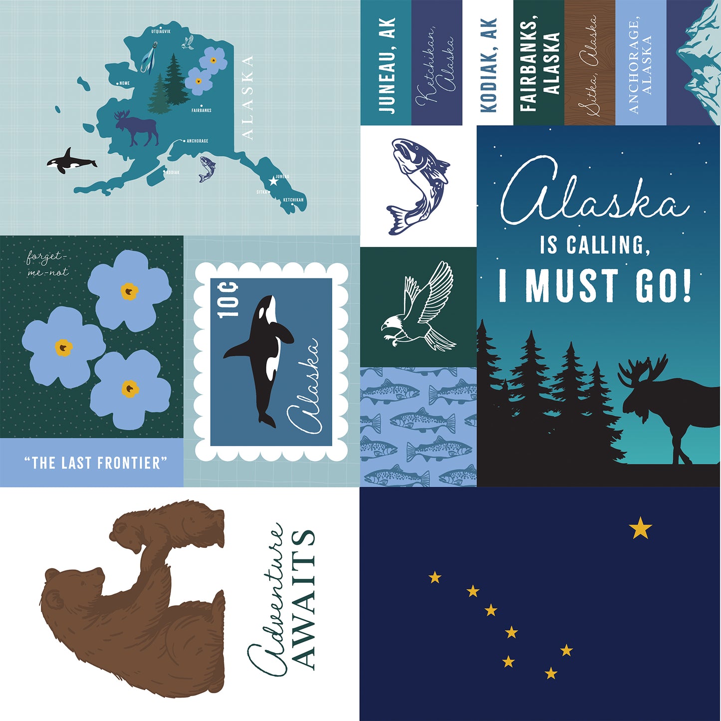 Collection of Alaska-themed illustrations and text on a blue background
