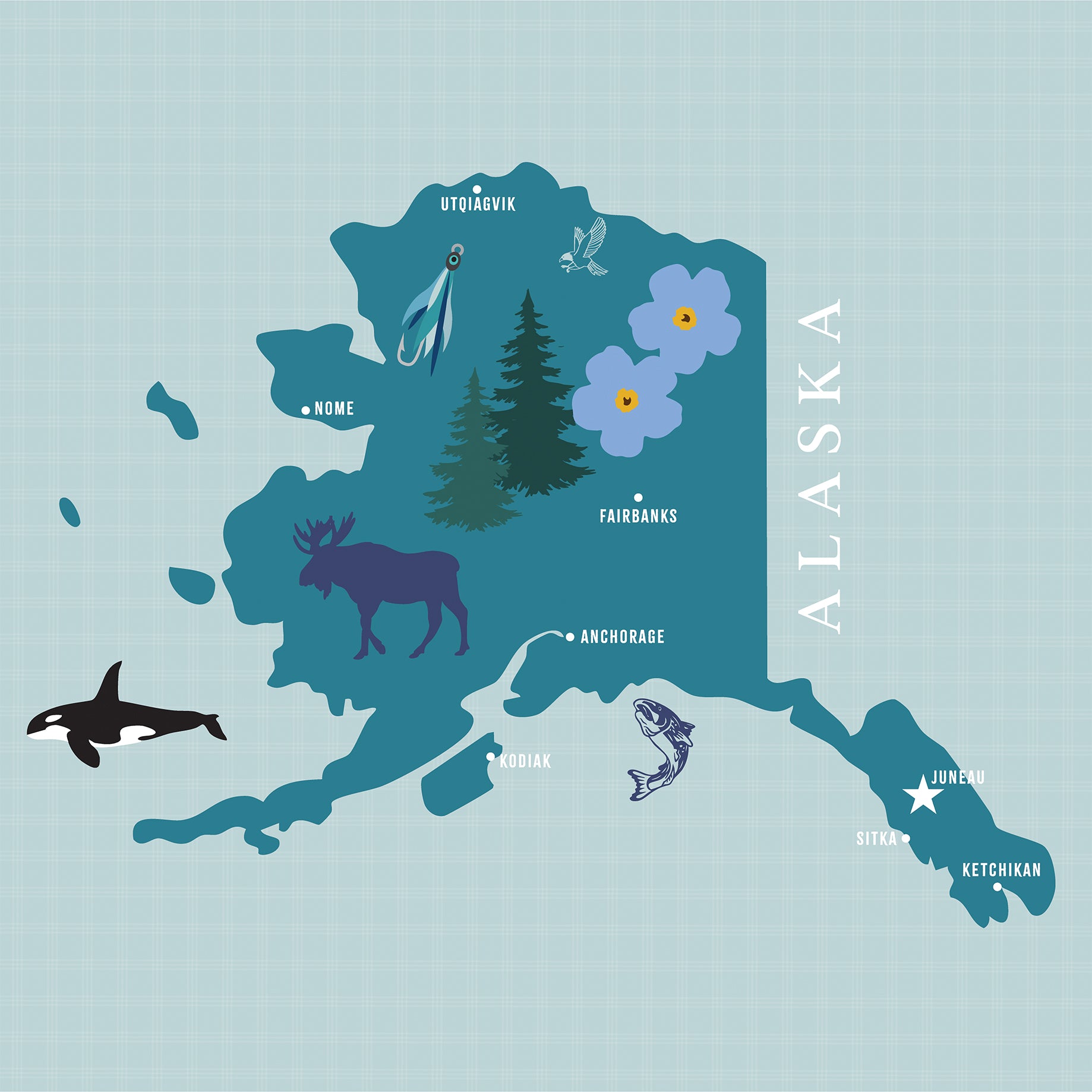 Map of Alaska with icons representing nature and culture on a light blue background