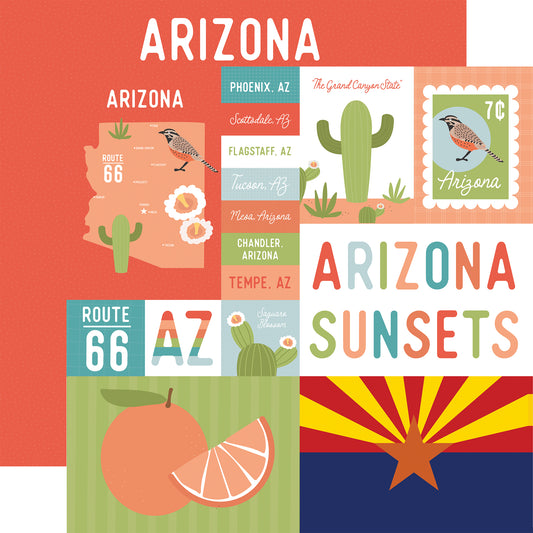 Collage of Arizona-themed graphics including a map, cacti, and state flag on a red background.
