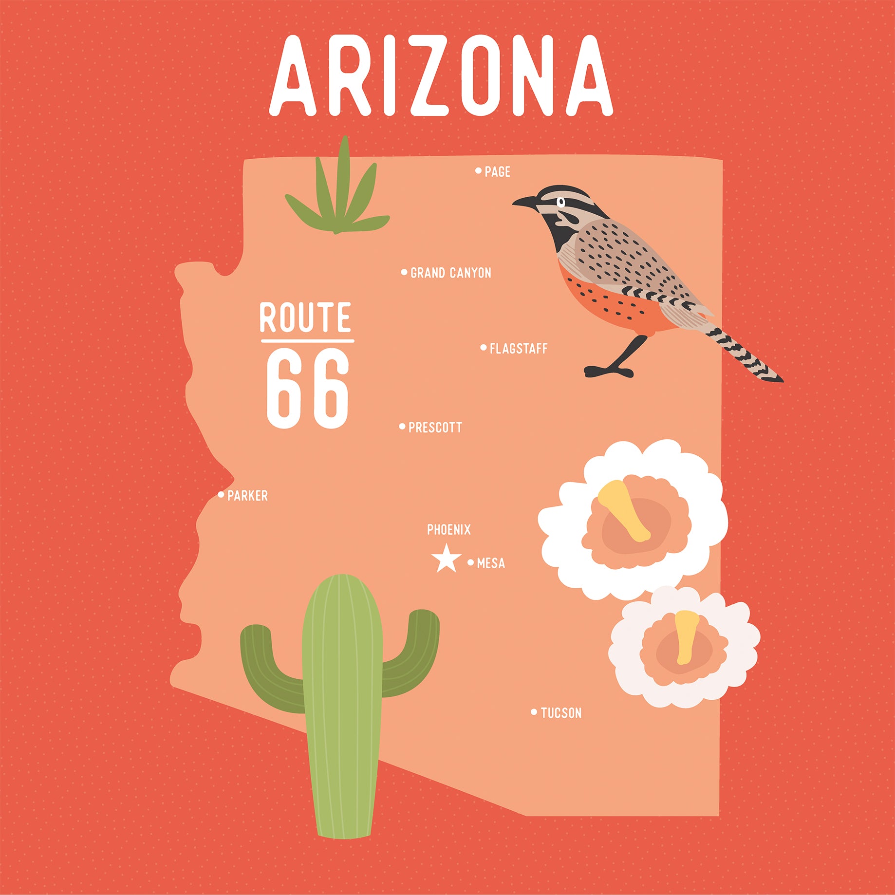 Illustrated map of Arizona with Route 66, a cactus, and a bird on an orange background.