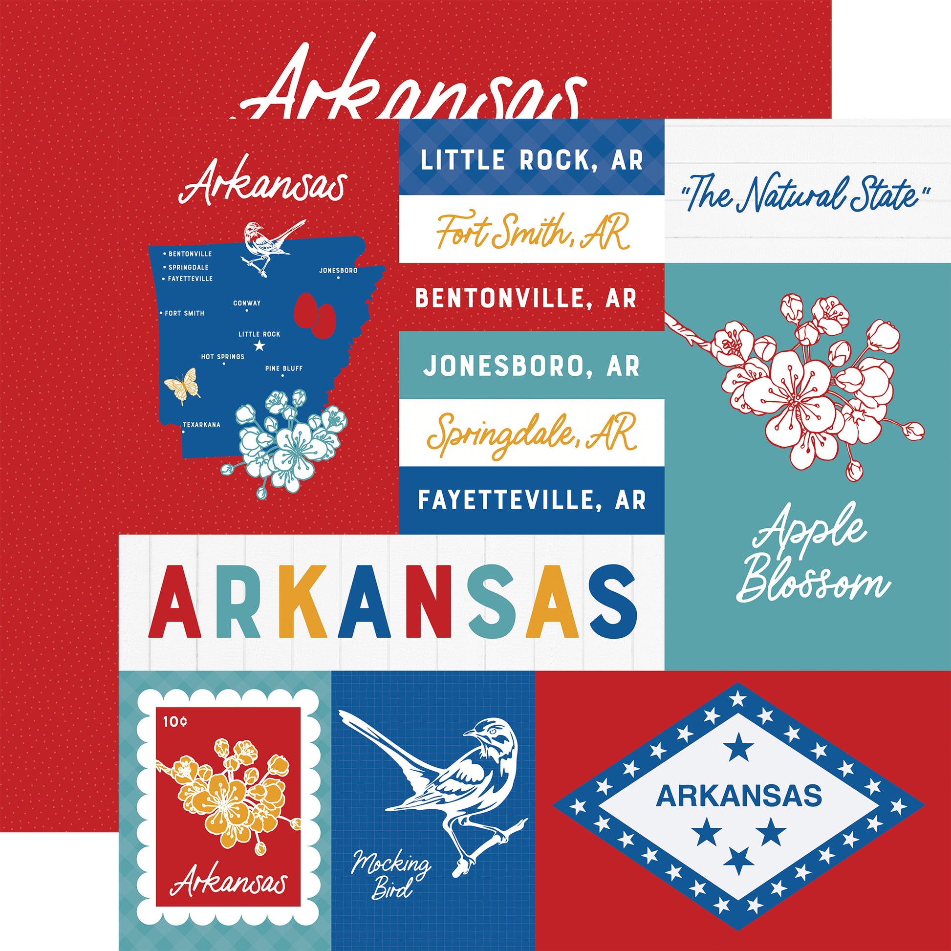 Collage of Arkansas-themed graphics including a map, state symbols, and text on a red and blue background.