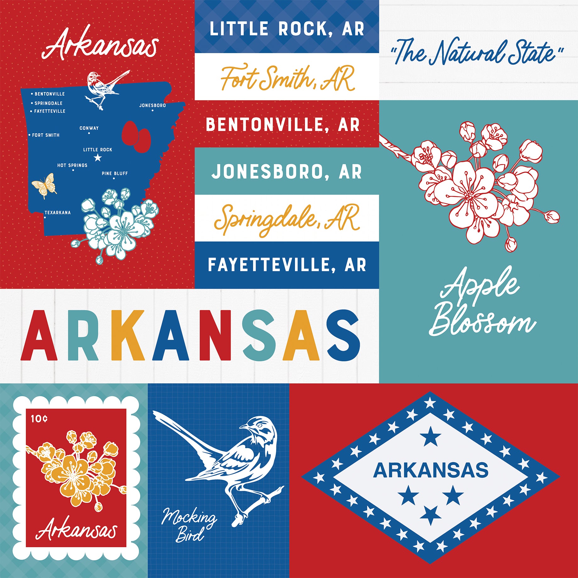 Collage of Arkansas-themed graphics including a map, state symbols, and text.