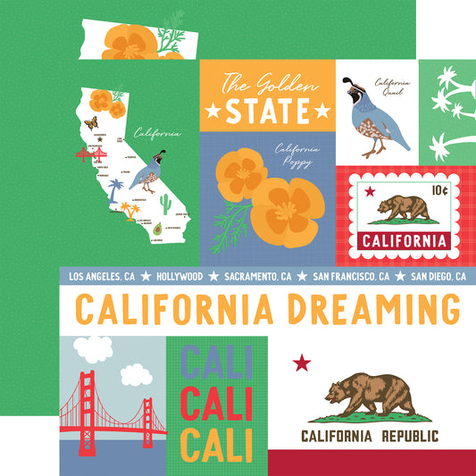 Collage of California-themed illustrations on a green background