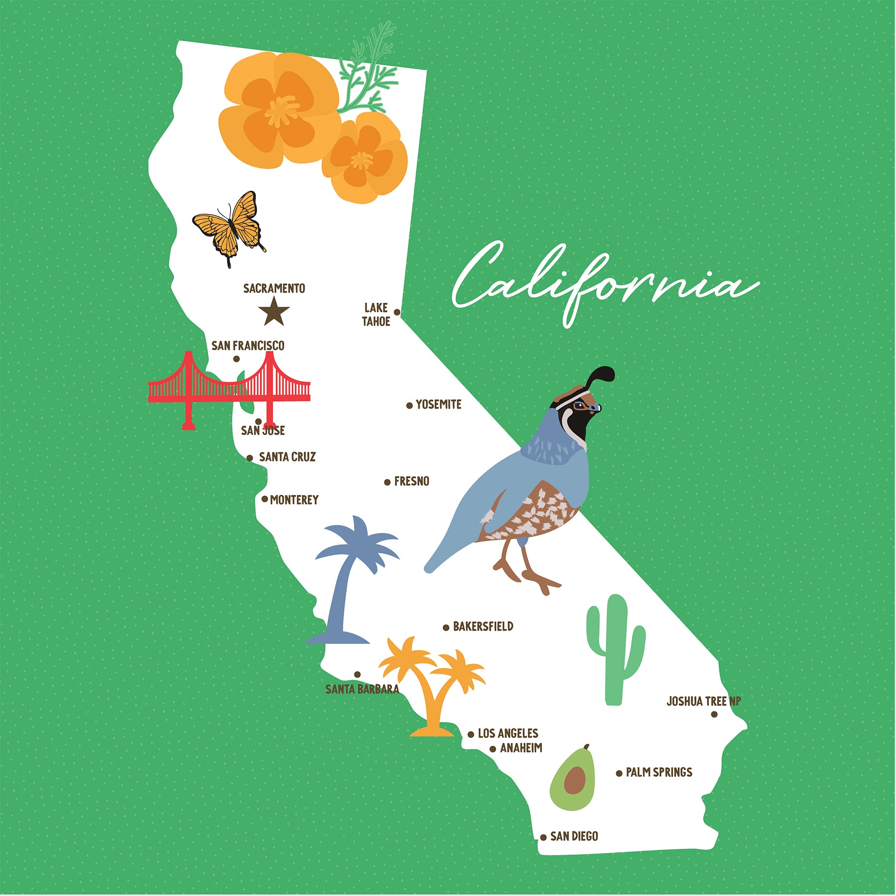Map of California with landmarks and a quail on a green background