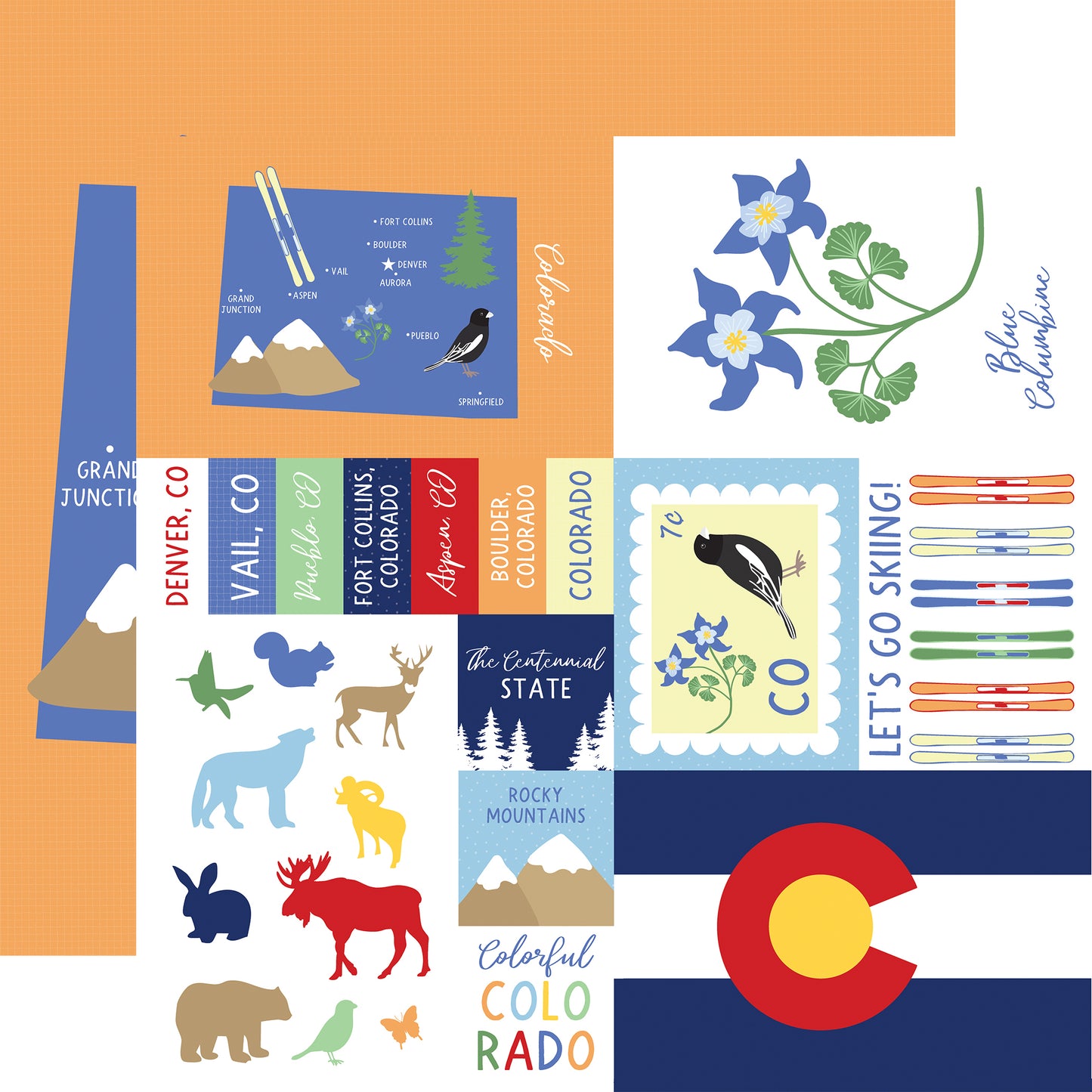 Collection of Colorado-themed illustrations and text on a patterned background