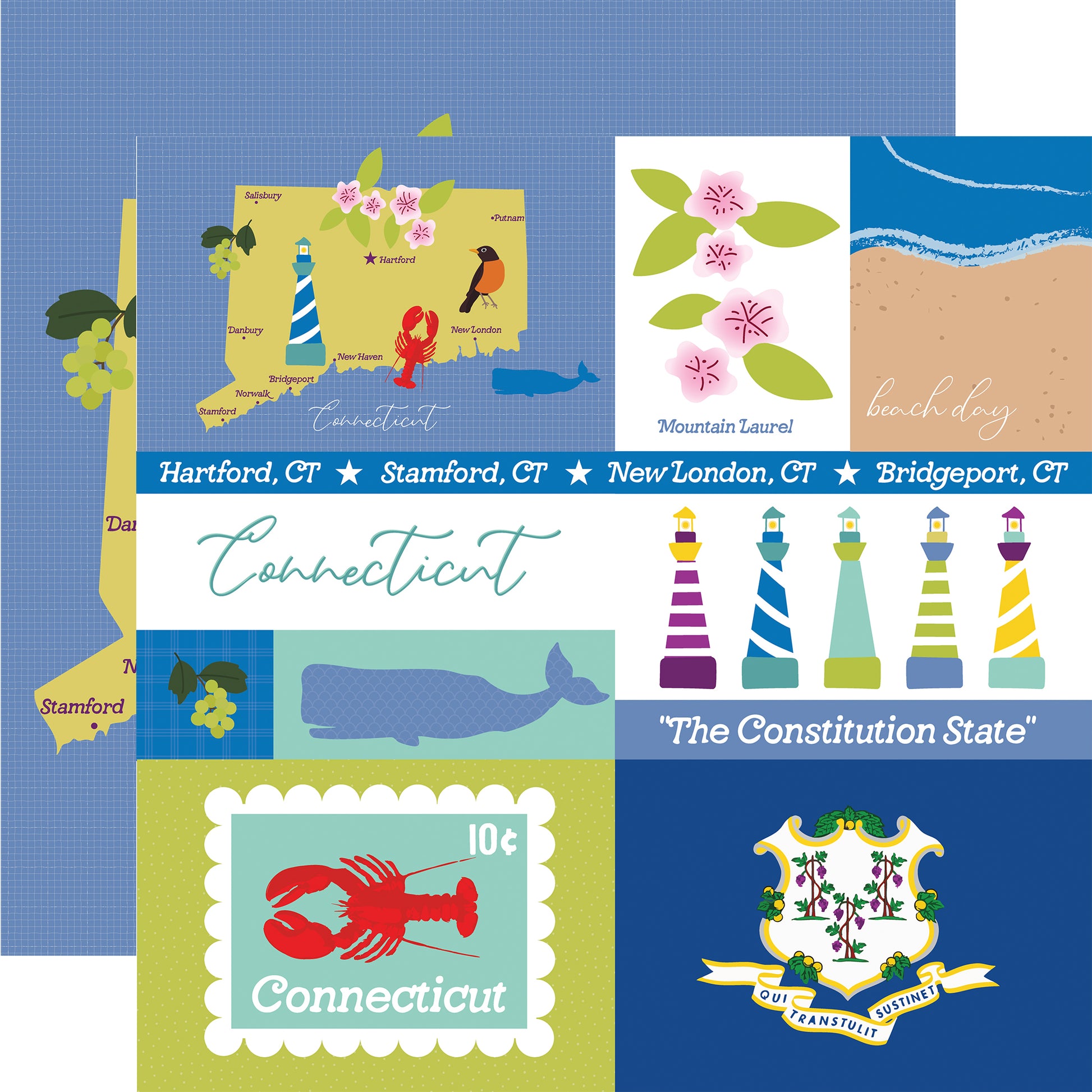 Collection of Connecticut-themed illustrations on a blue background