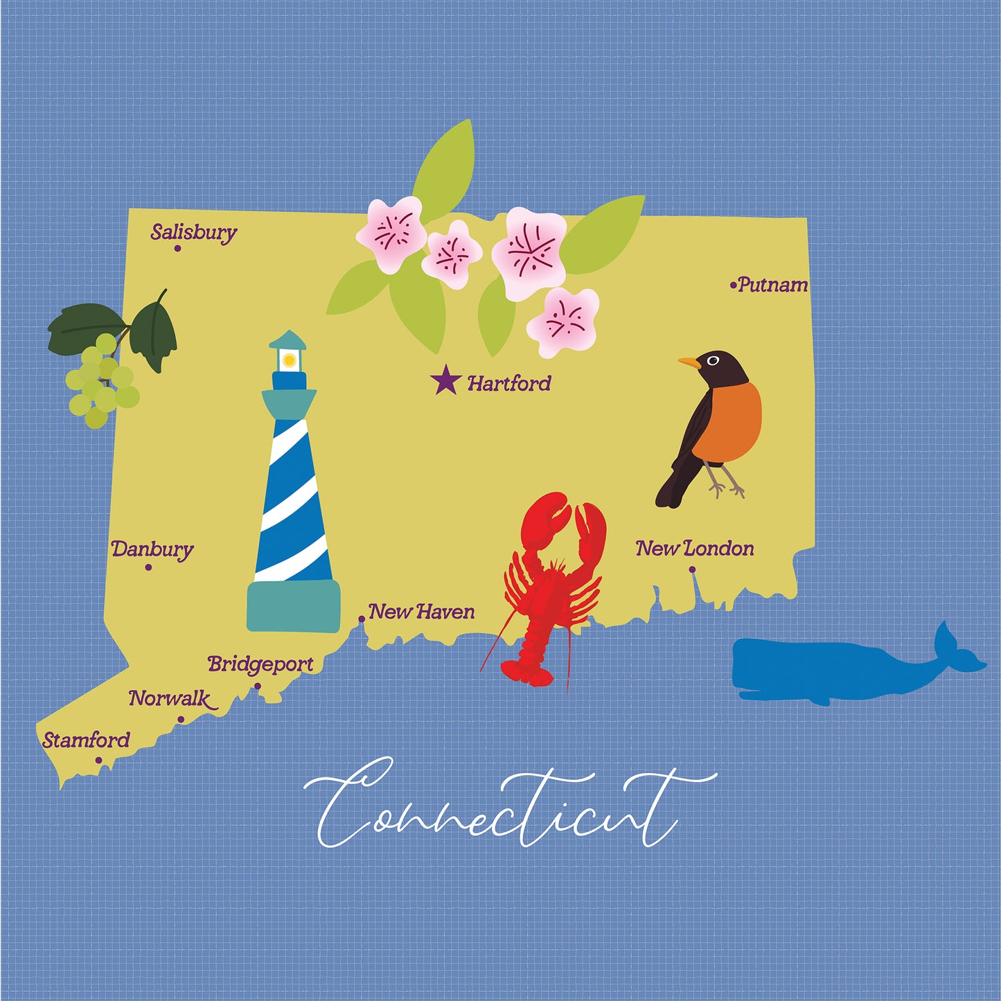 Map of Connecticut with lighthouse, robin, lobster, and whale on a blue background