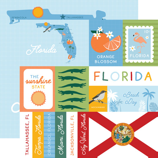 Collection of Florida-themed 12 x 12 paper with various elements on an orange background