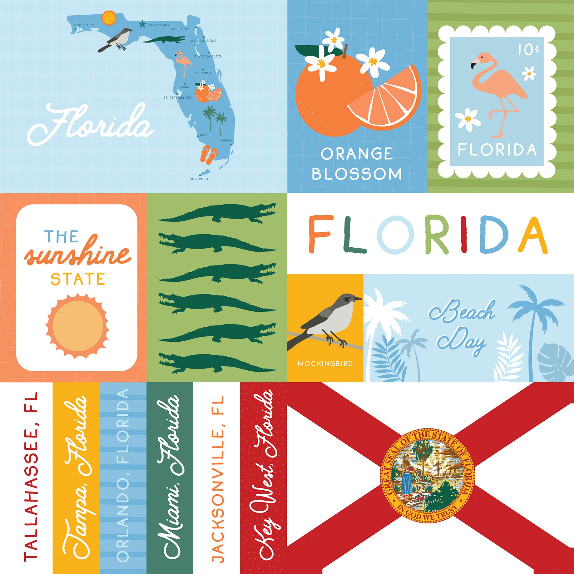 Collage of Florida-themed illustrations including a map, state symbols, and text.