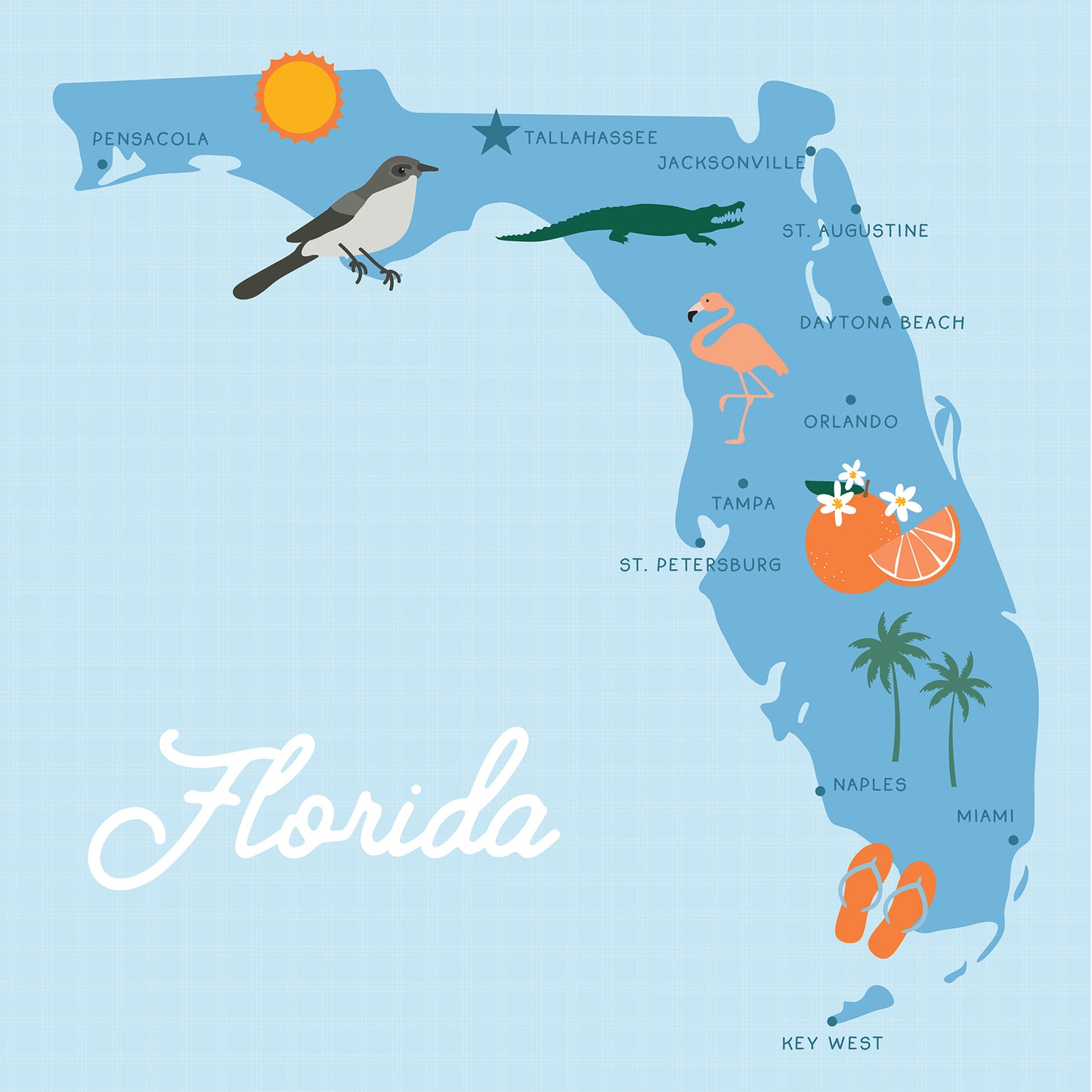 Map of Florida with icons representing a sun, bird, alligator, flamingo, orange, and palm trees on a light blue background.