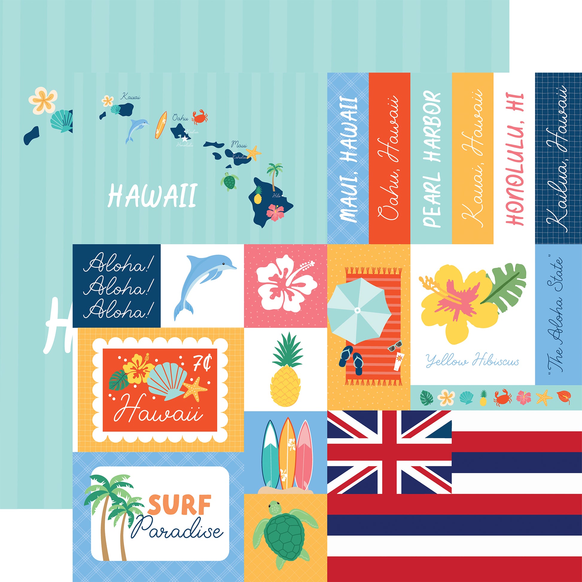 Collection of Hawaii-themed illustrations and text on a blue background