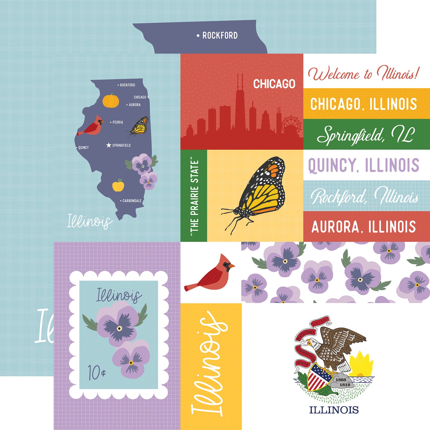 Collage of Illinois-themed graphics including a map, state symbols, and text.