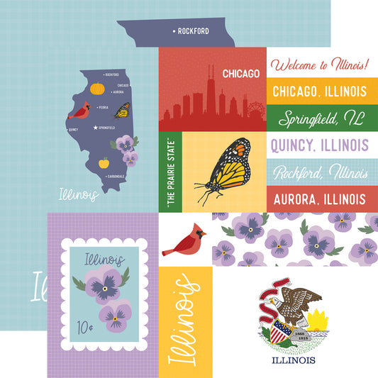 Collage of Illinois-themed graphics including a map, state symbols, and text.
