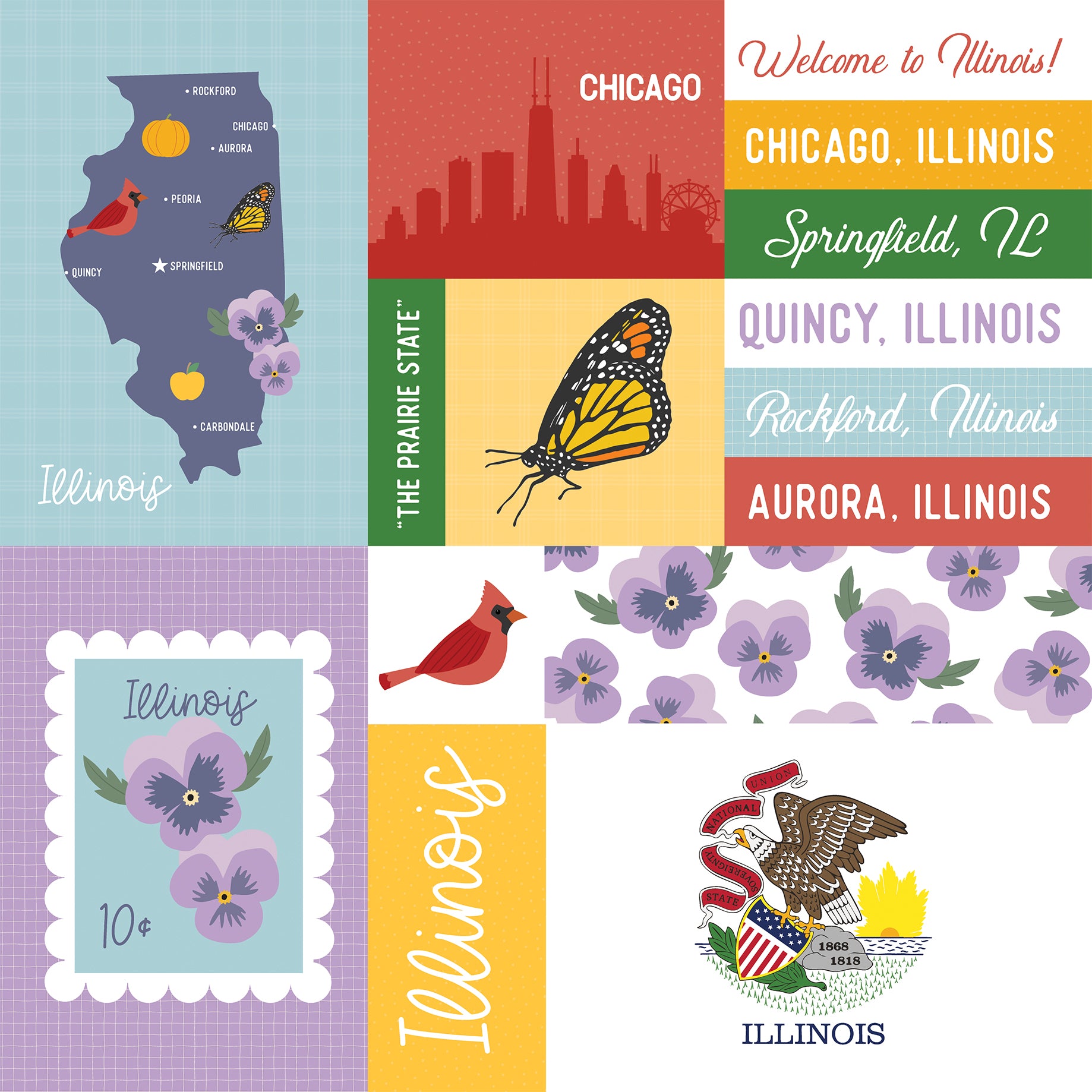 Collage of Illinois-themed graphics including a map, state symbols, and text.