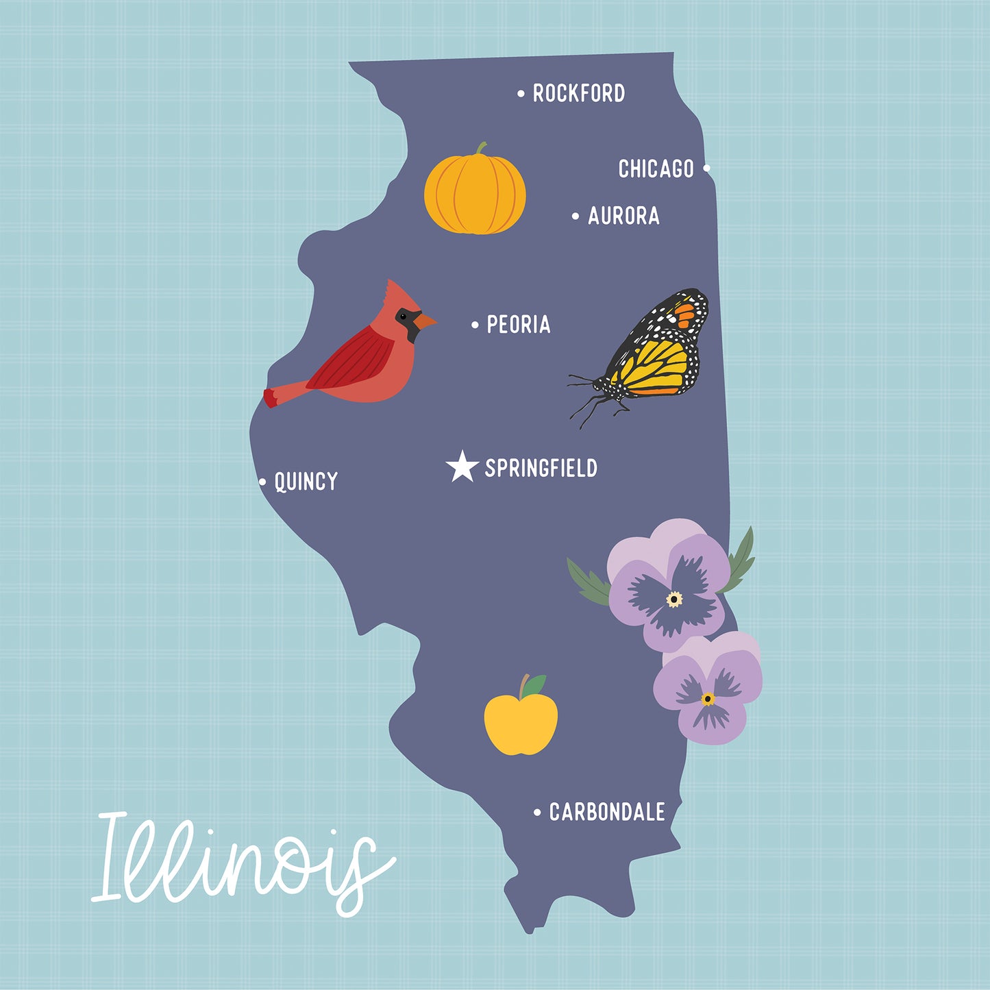 Map of Illinois with icons representing a cardinal, butterfly, pumpkin, apple, and flowers on a light blue background.