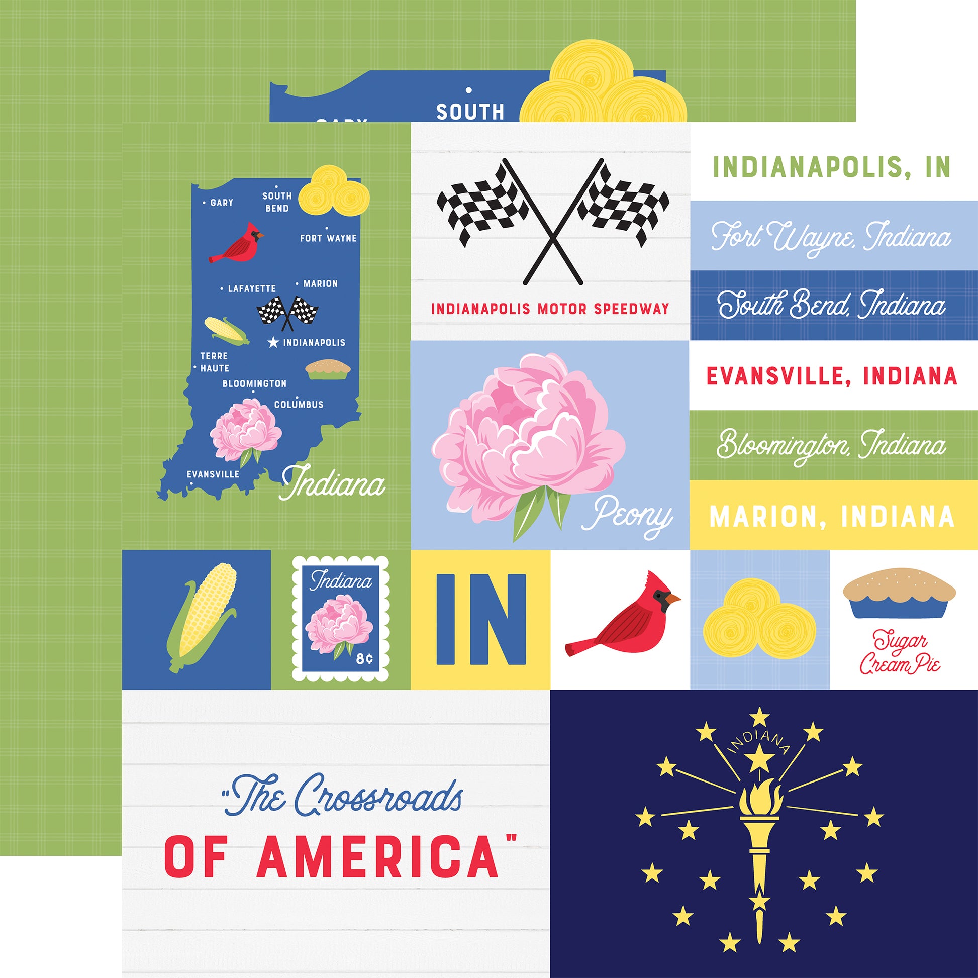 Collage of Indiana-themed graphics including a map, flags, and symbols on a green background.