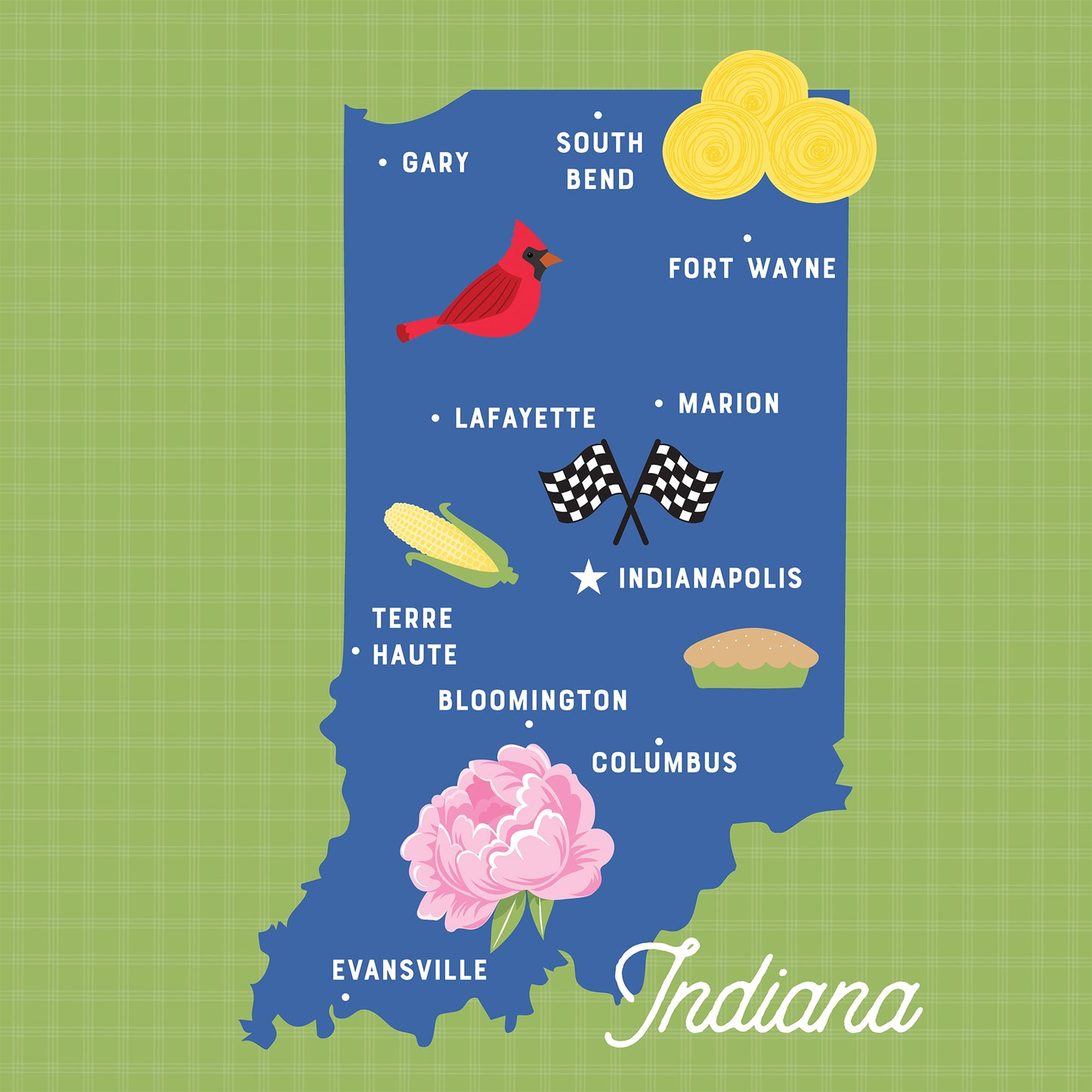Map of Indiana with various icons and text on a green background