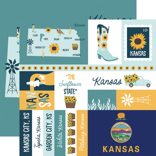 Collection of Kansas-themed graphics including a map, sunflower, boot, and state symbols on a blue background.