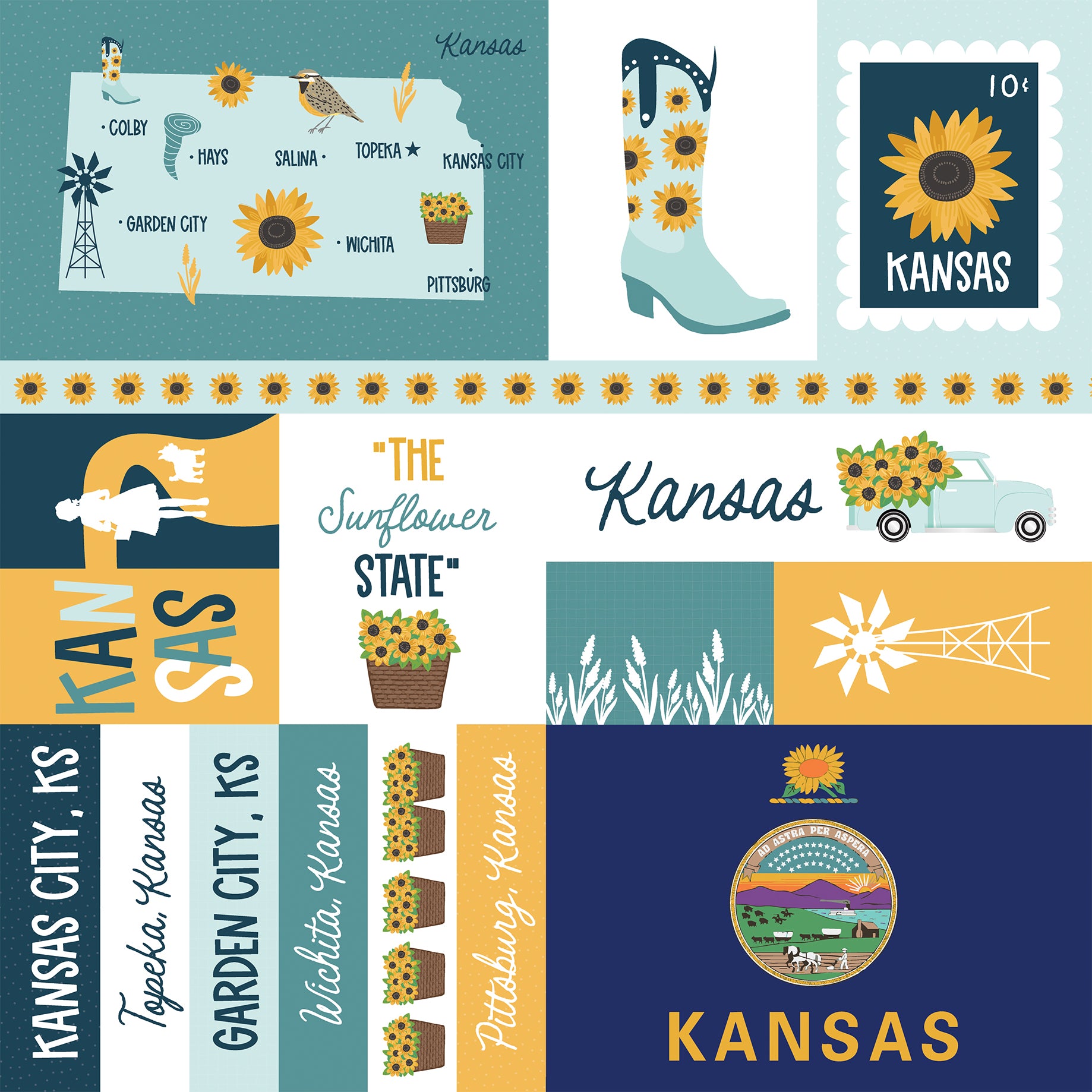 Collage of Kansas-themed graphics including a map, sunflower, boot, and state symbols.