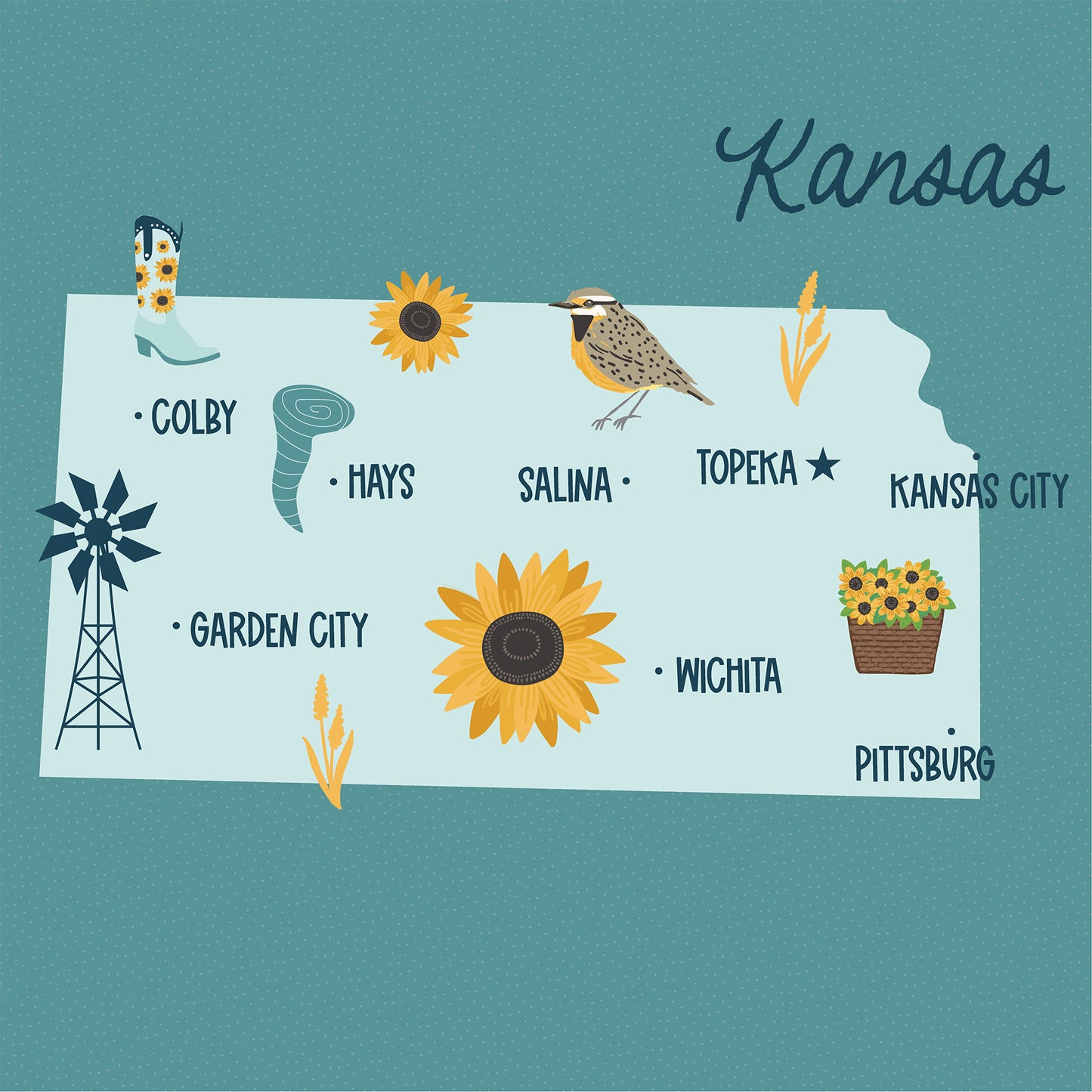 Map of Kansas with illustrated elements on a teal background