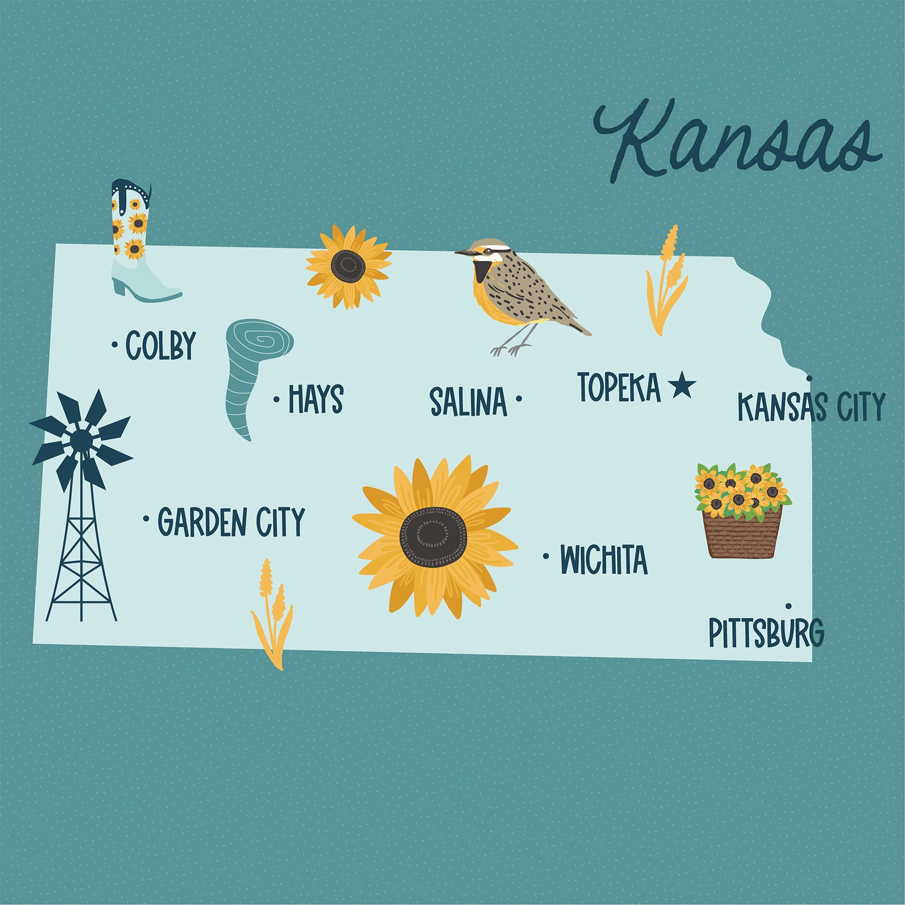 Map of Kansas with illustrated elements on a teal background