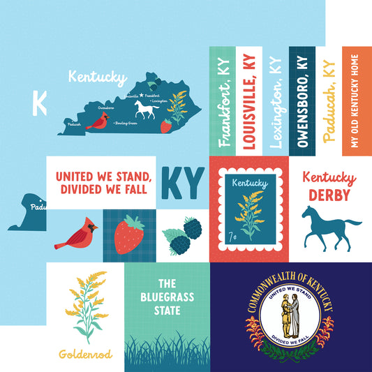 Collage of Kentucky-themed graphics including a map, symbols, and text on a blue background.
