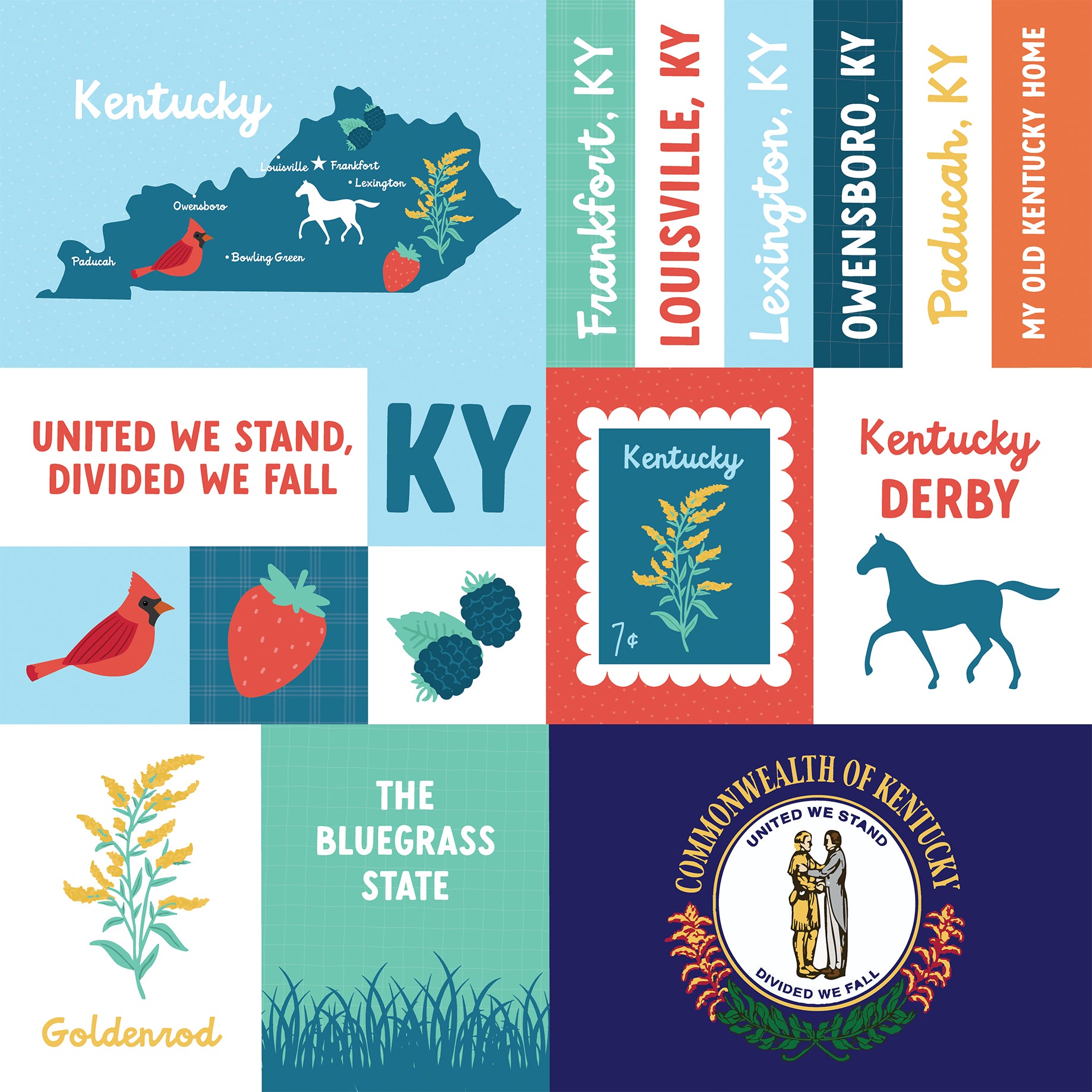 Collage of Kentucky-themed graphics including a map, symbols, and text on a blue background.