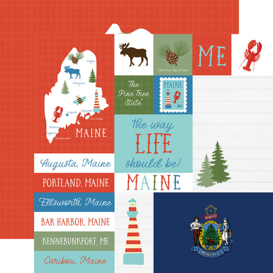 Collection of Maine-themed graphics including a map, state symbols, and text on a red and white checkered background.
