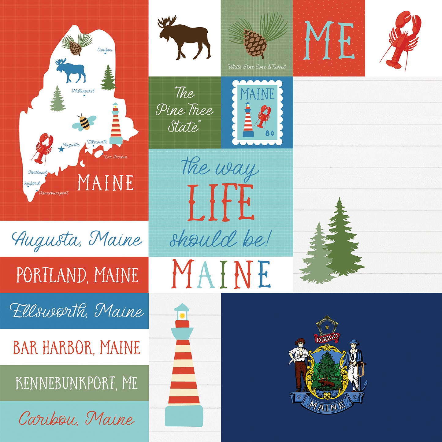 Collection of Maine-themed graphics including a map, state symbols, and text on a white background.