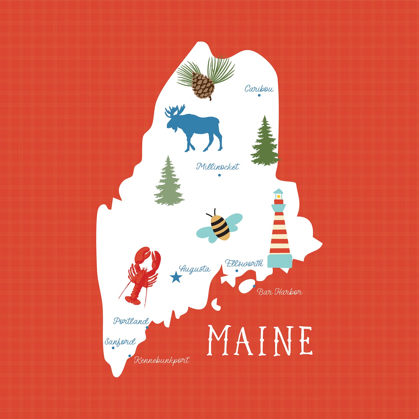Map of Maine with icons on a red background