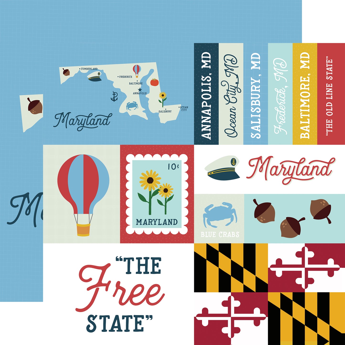 Collage of Maryland-themed graphics including a map, flags, and icons on a blue background.