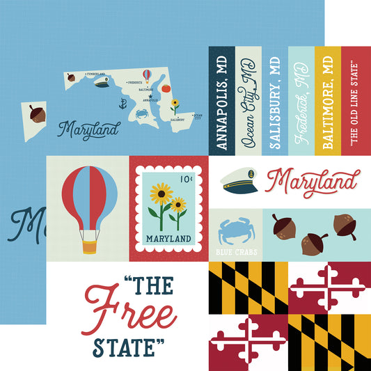 Collage of Maryland-themed graphics including a map, flags, and icons on a blue background.