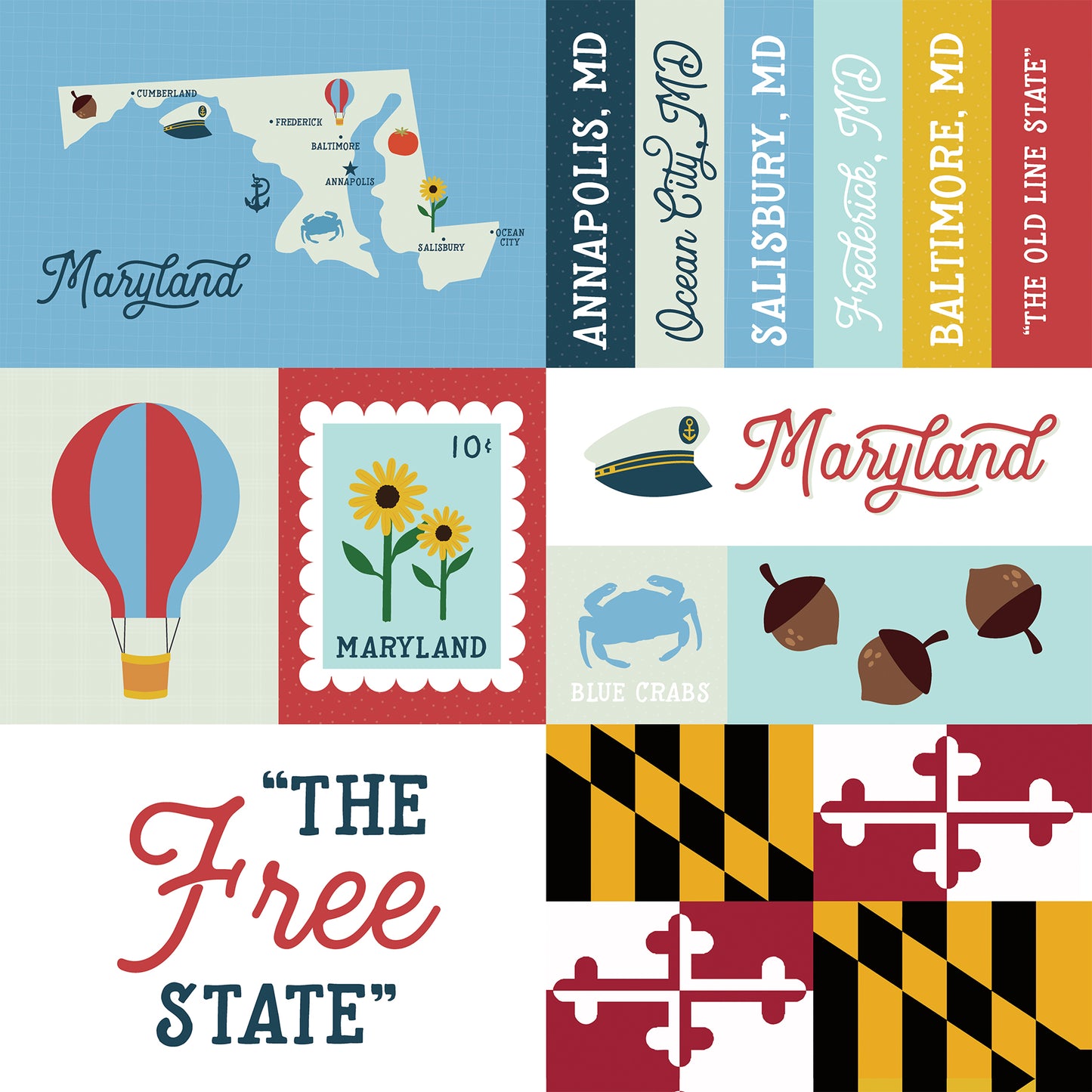 Collage of Maryland-themed graphics including a map, state symbols, and text.