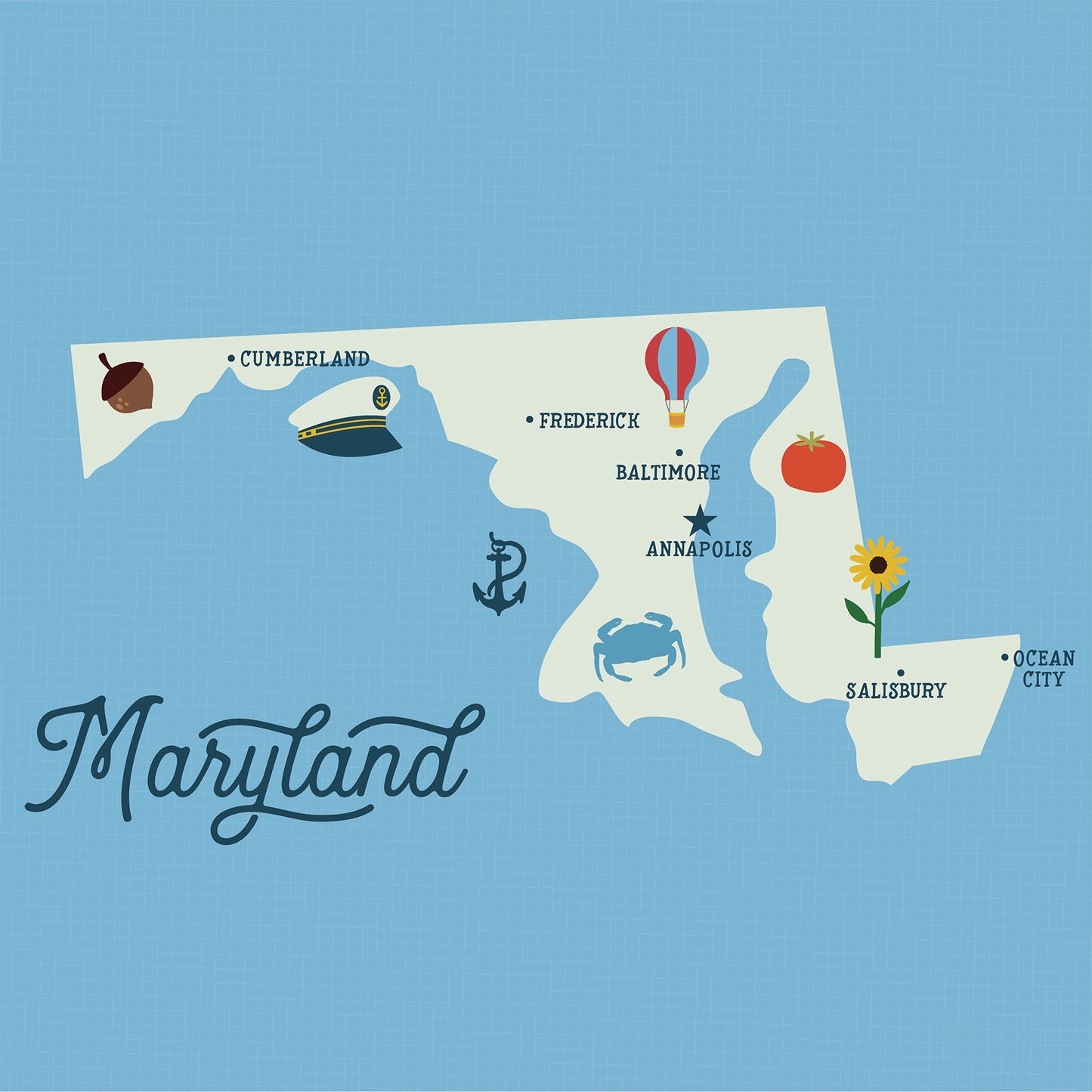 Map of Maryland with icons and text on a blue background