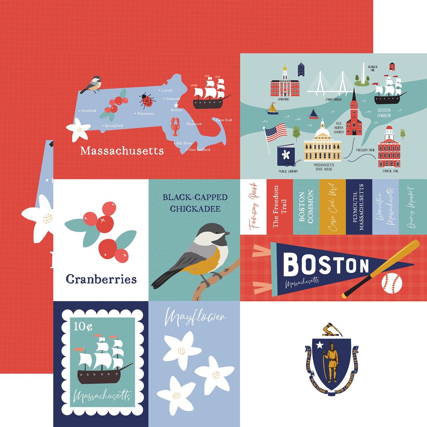 Collage of Massachusetts-themed illustrations including a map, birds, flowers, and landmarks on a red background.