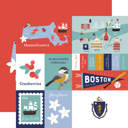 Collage of Massachusetts-themed illustrations including a map, birds, flowers, and landmarks on a red background.