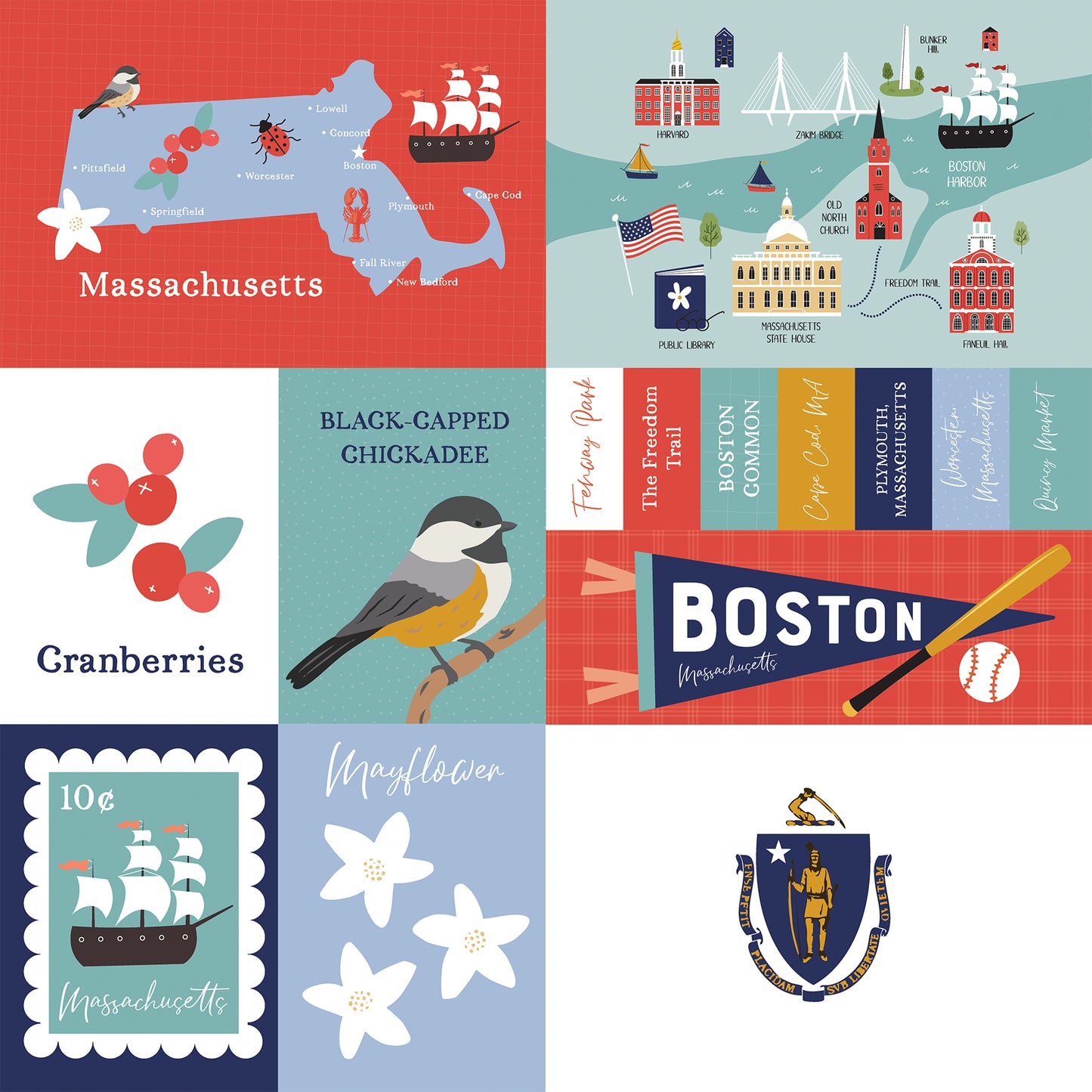 Illustrated collage of Massachusetts-themed graphics including a map, symbols, and text.