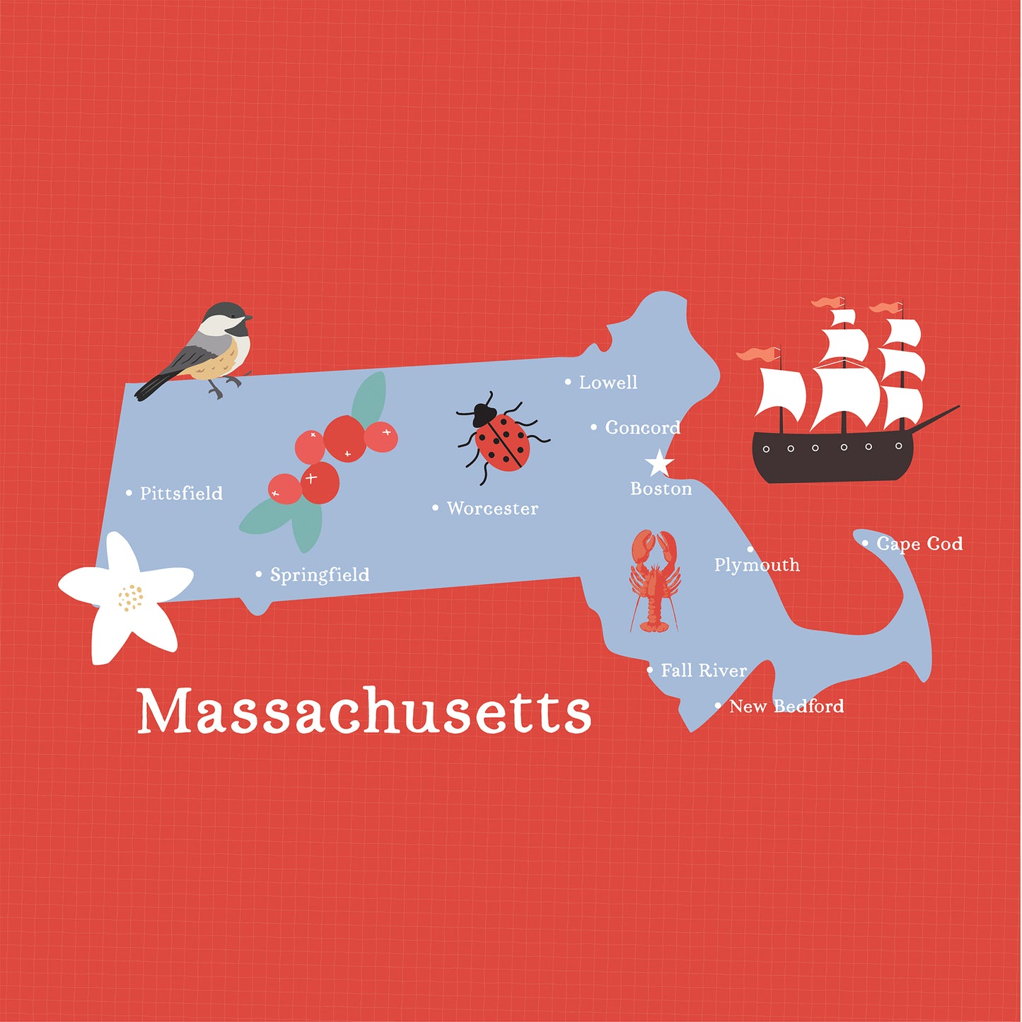 Map of Massachusetts with icons on a red background
