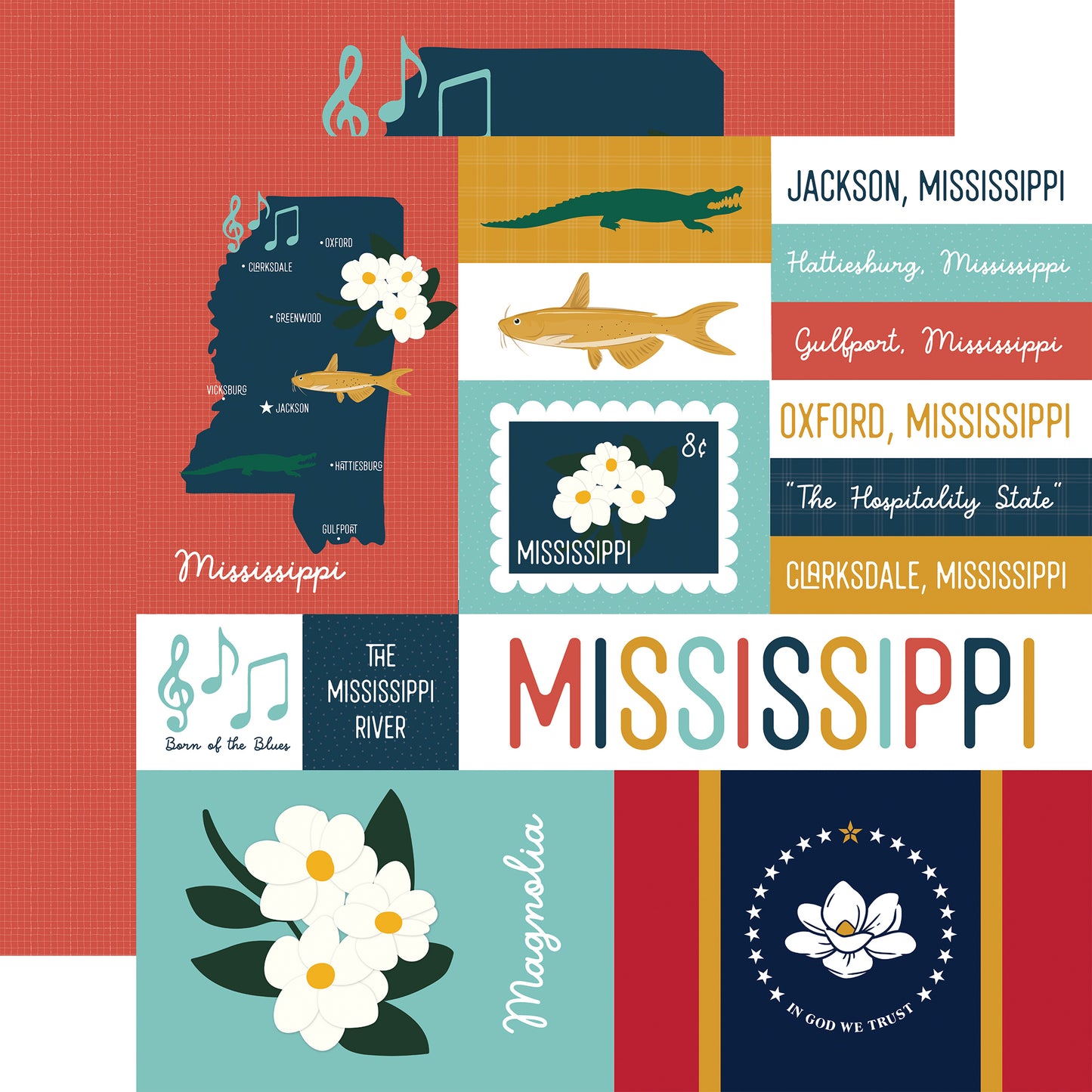 Collage of Mississippi-themed illustrations including a map, flowers, and text on a colorful background.