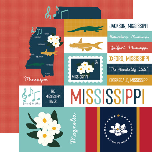 Collage of Mississippi-themed illustrations including a map, flowers, and text on a colorful background.