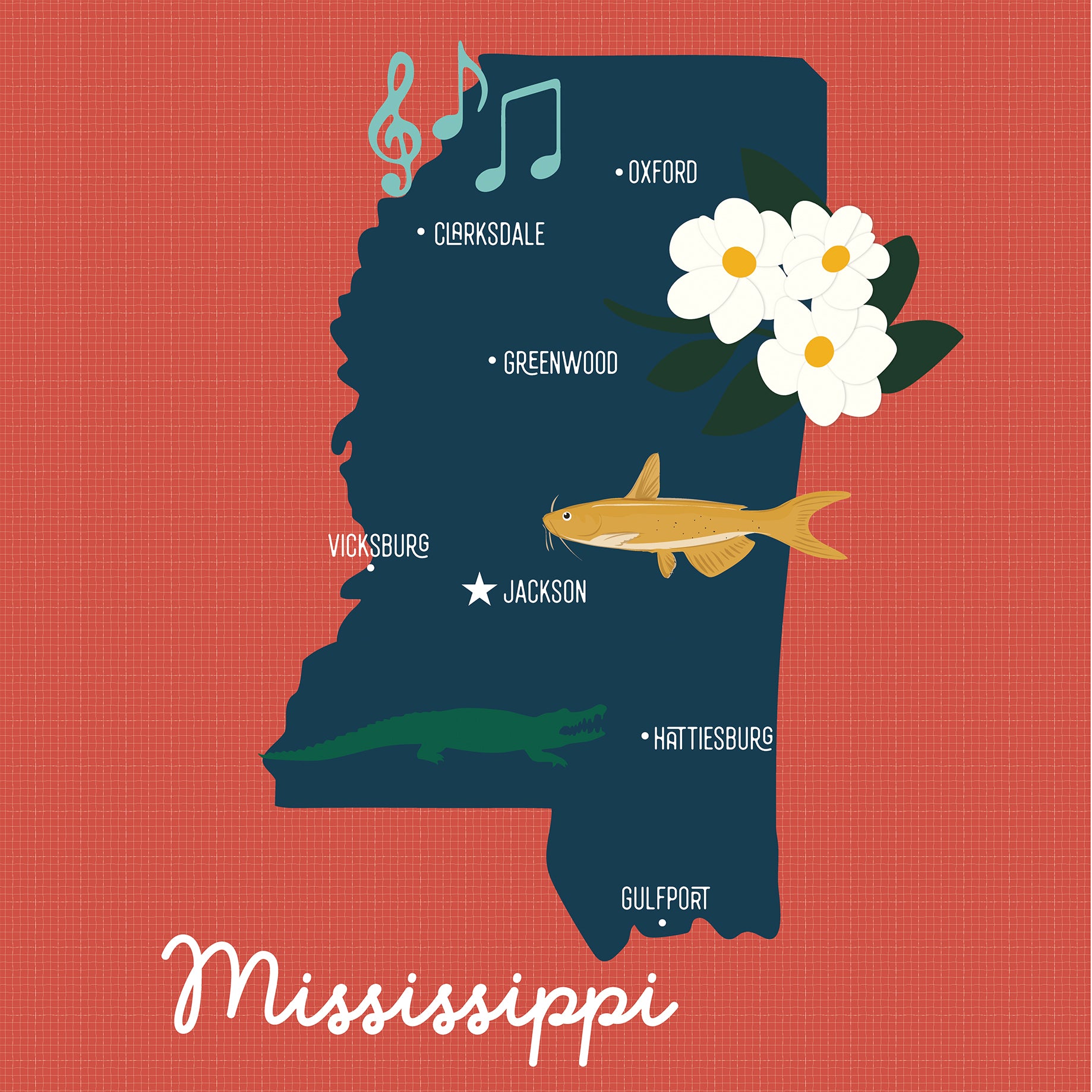 Map of Mississippi with musical notes, a fish, and flowers on a red background