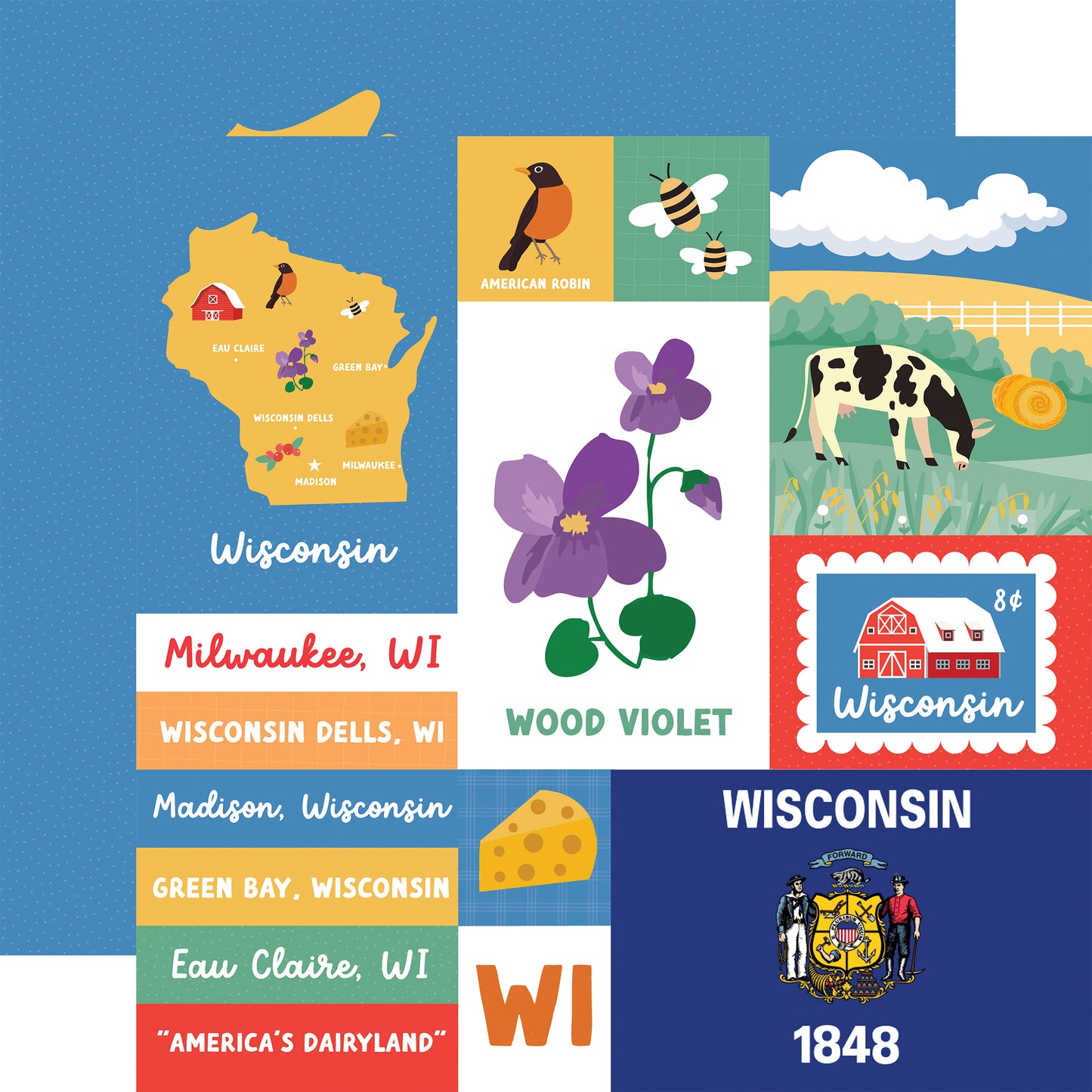 Echo Park - Our United States Collection - 12 x 12 Double Sided Paper - Wisconsin