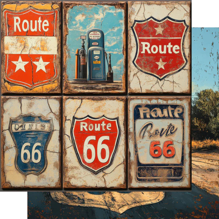 SSC Designs - Road Trip Route 66 Collection -  12 x 12 Double-Sided Scrapbook Paper - Pit Stop Postcards