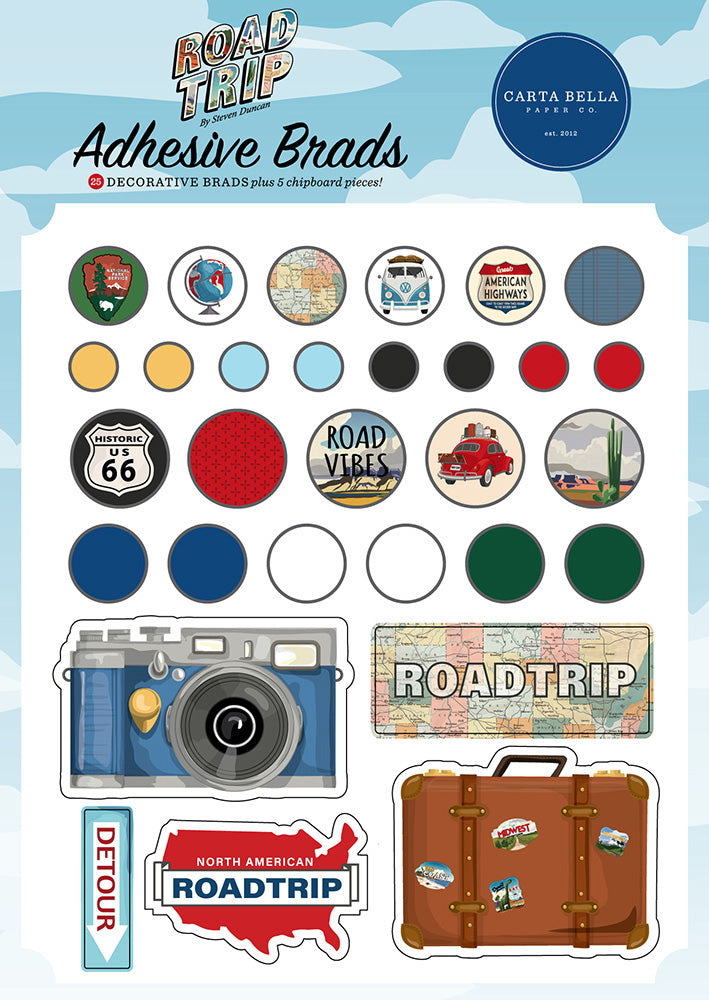 Carta Bella Paper - Road Trip Collection - Self Adhesive Decorative Brads