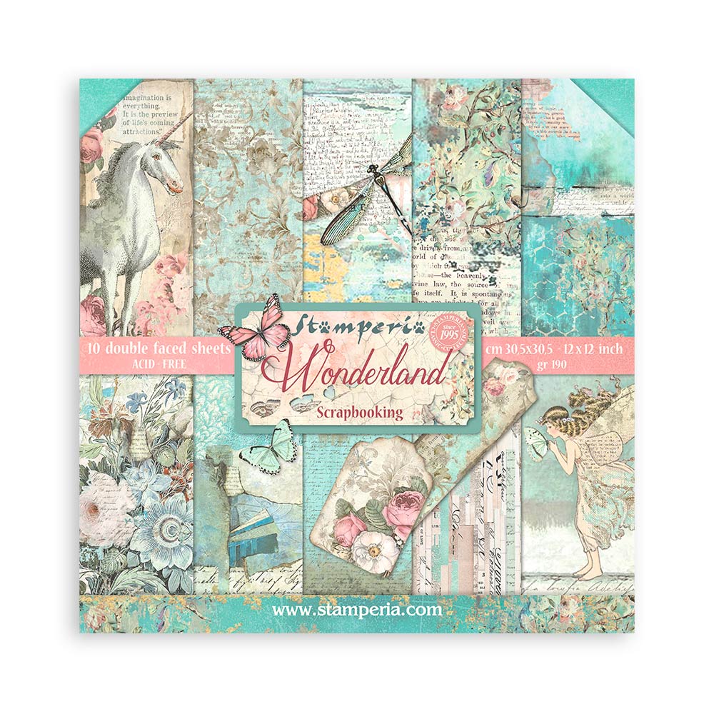 Scrapbooking paper pack with fantasy-themed designs on a white background
