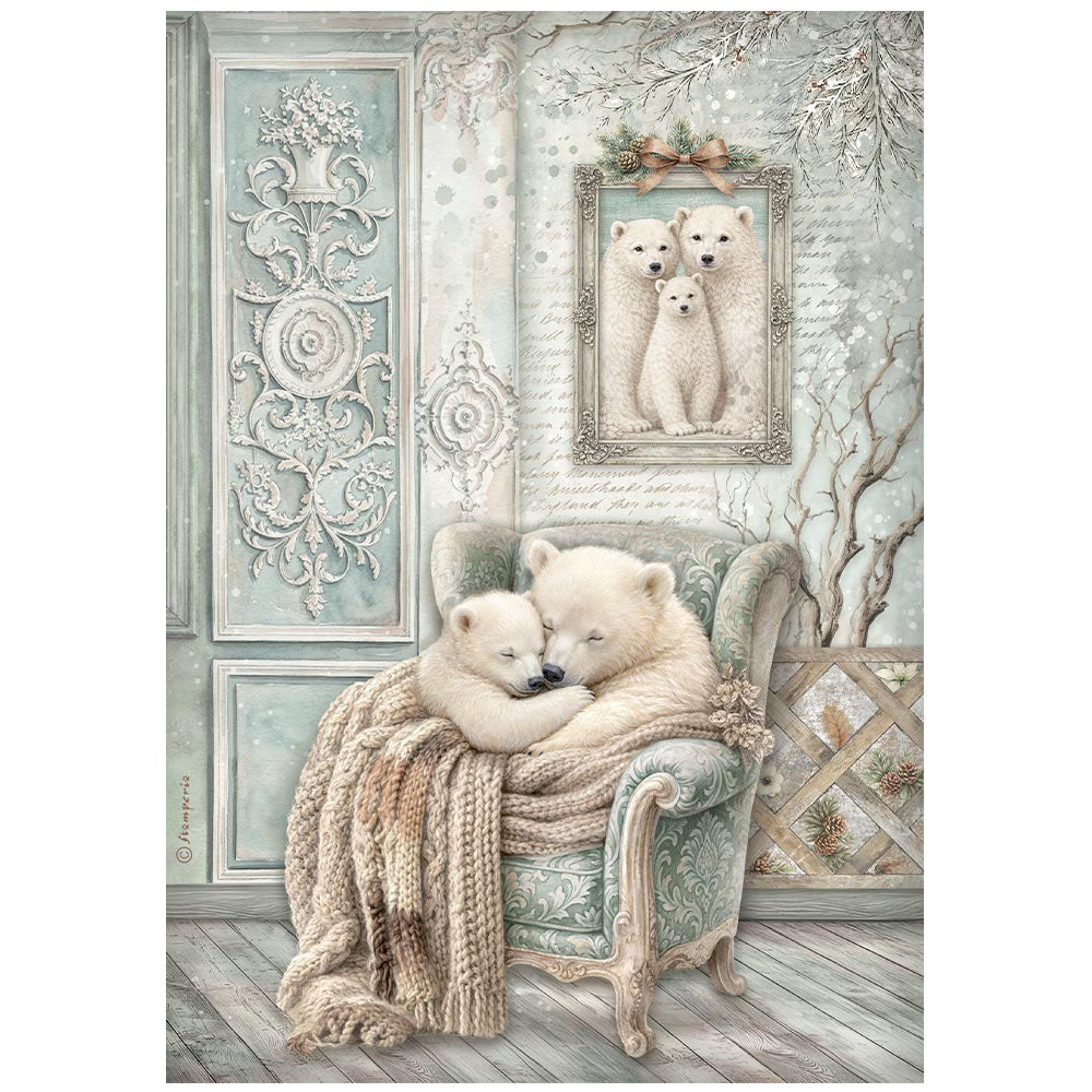 Stamperia - White Christmas Collection - A4 Rice Paper - Cozy Bears