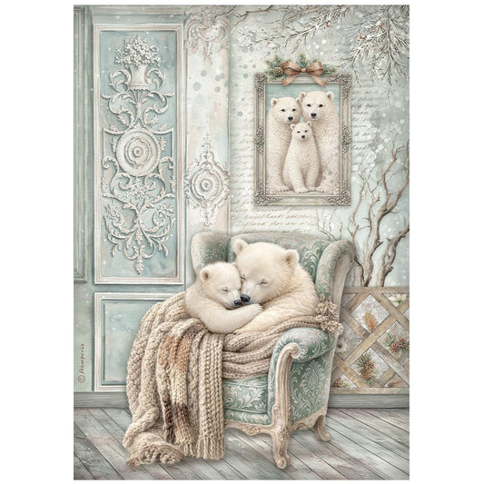 Stamperia - White Christmas Collection - A4 Rice Paper - Cozy Bears
