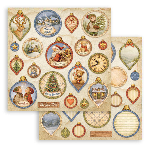 A sheet of Christmas-themed decorative paper  on a white background, featuring vintage ornament shapes with holiday illustrations such as Santa, trees, stars, and winter scenes.